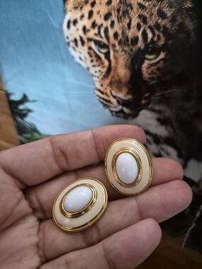 Classic Gold & White Oval Clip-On Earrings